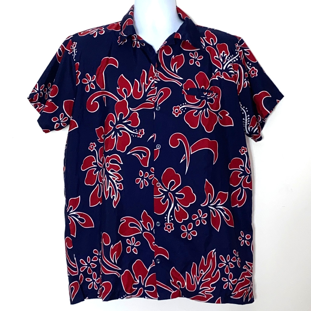Hawaiian Shirt Mens XL Blue Red Button Up Unbranded Floral Short Sleeve